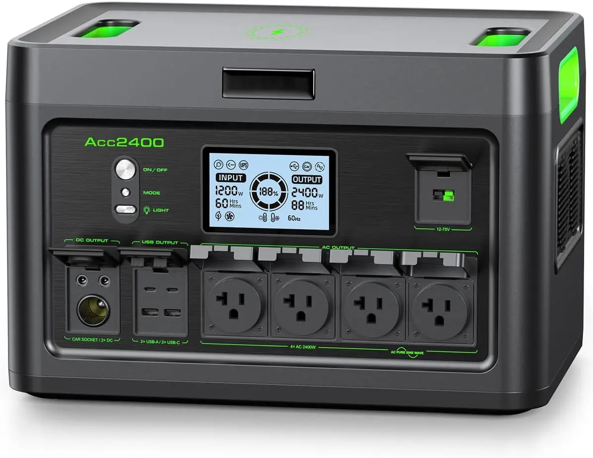 

Портативная электростанция 2400 Вт, солнечный генератор, 1843 Вт·ч, ИБП для дома, резервный аккумулятор LiFePO4 с 12 розетками (2400 Вт переменного тока)