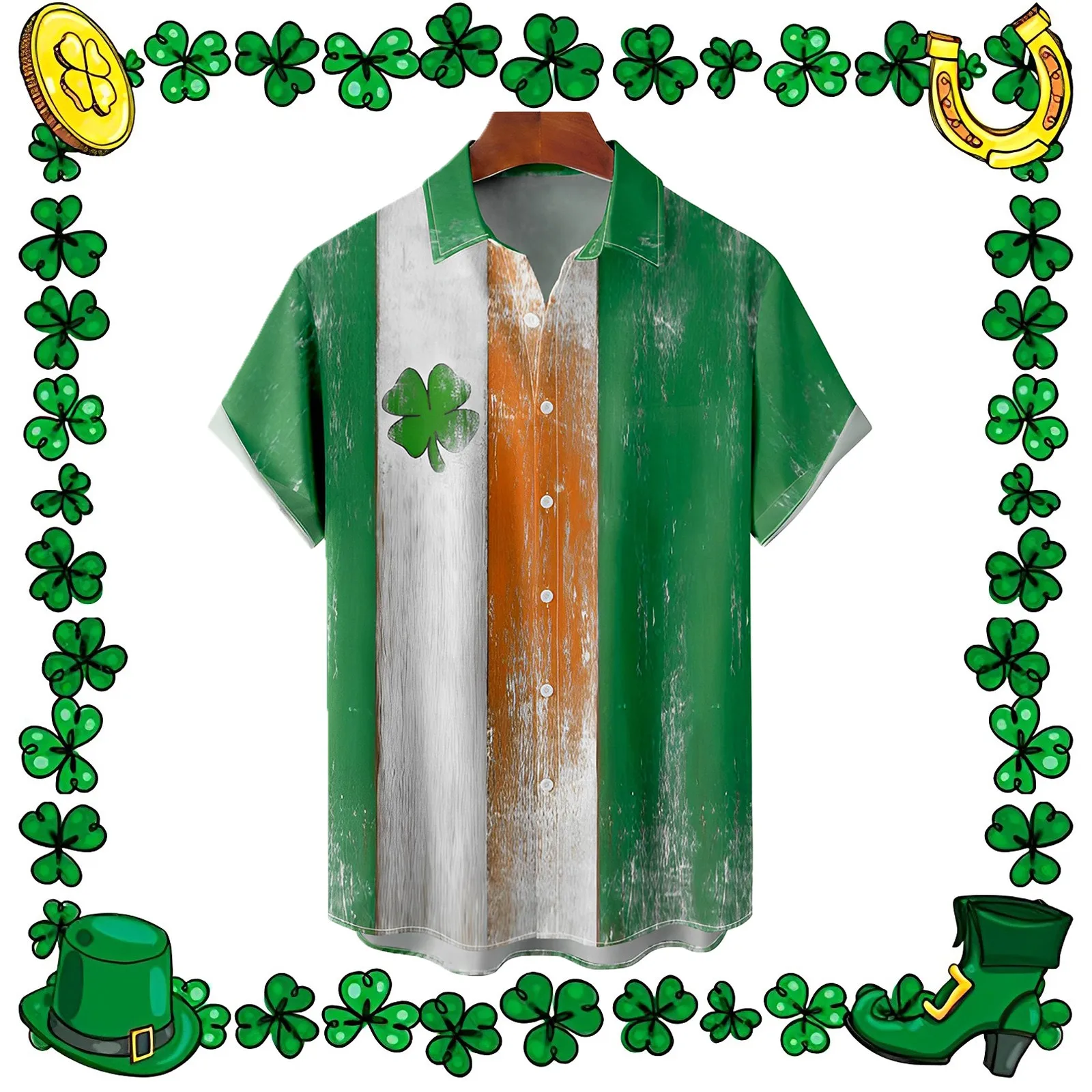 Men's shirt Clover St-Patrick-Day shirts Irish-National-Day Blouses lapel-neck Tops Short-Sleeve men Green festival camisas 