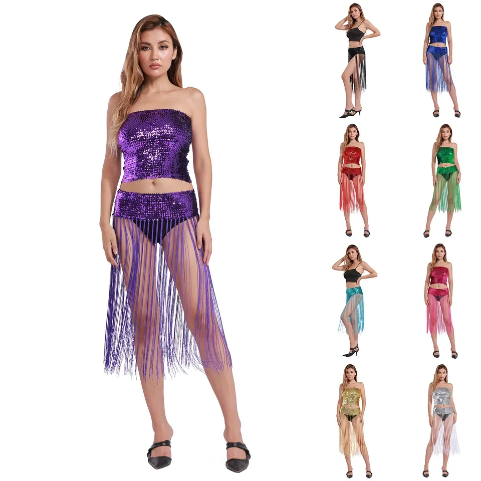 Fashion Tassel Carnival Skirt Stretchy Elastic Fringe Beaded Belt Belly Dance Dynamic Belts Scarf For Party Club Wear