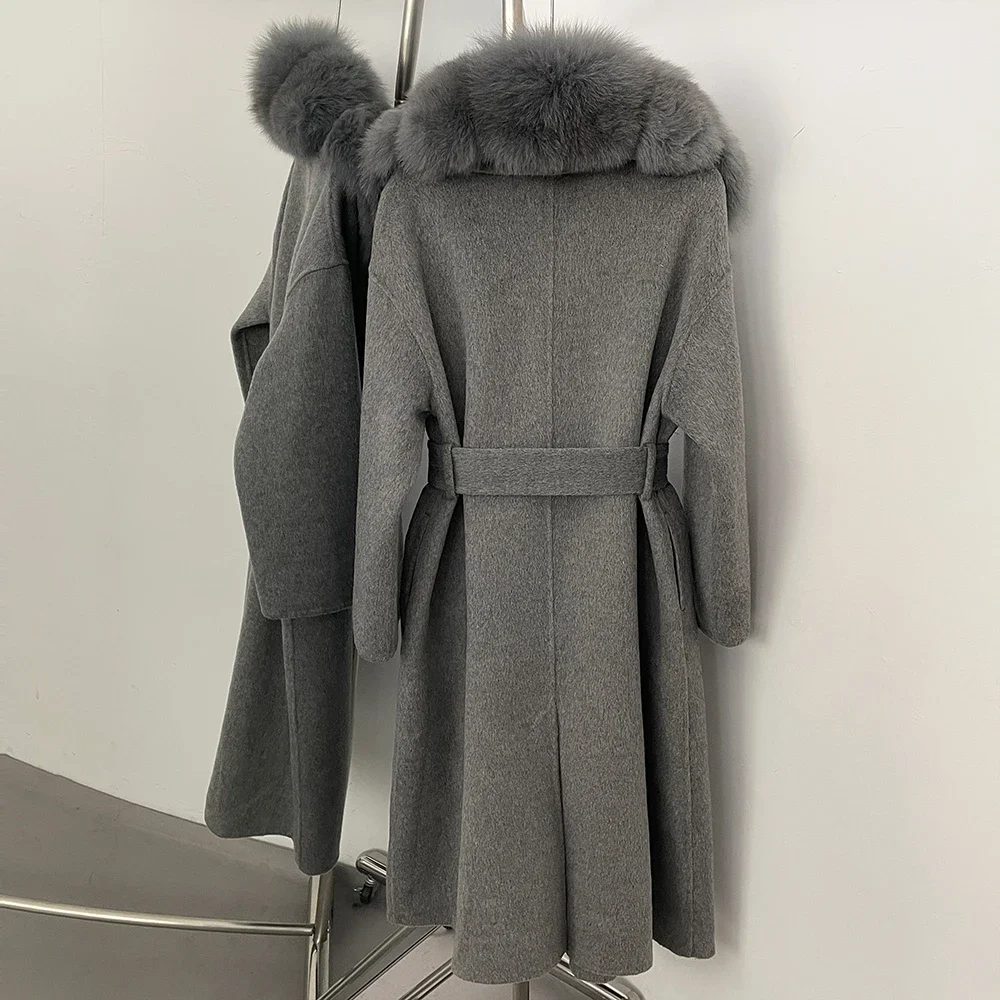OFTBUY Neue Luxus-Winterkleidung Damen Mittellanger 100% Wollmantel Echter Fuchspelzkragen Gürtel-Wickeljacke aus Wolle für Damen – Detail 14