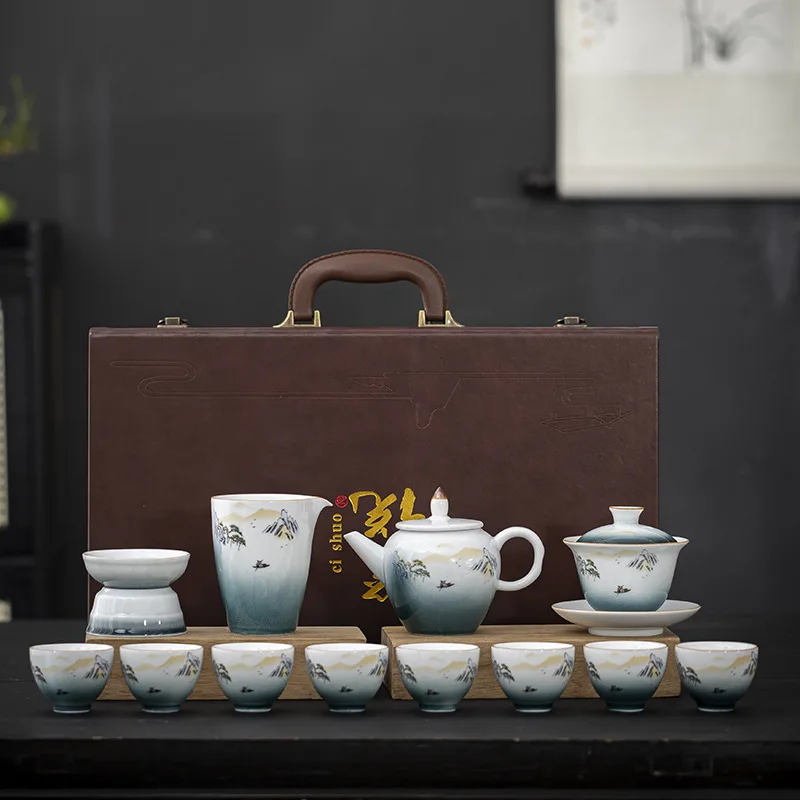 Yangzhi Jade Kung Fu Tea 2024 New Model White Porcelain Gradient Gold-Trimmed Complete Set for Home Living Room High-End Gif