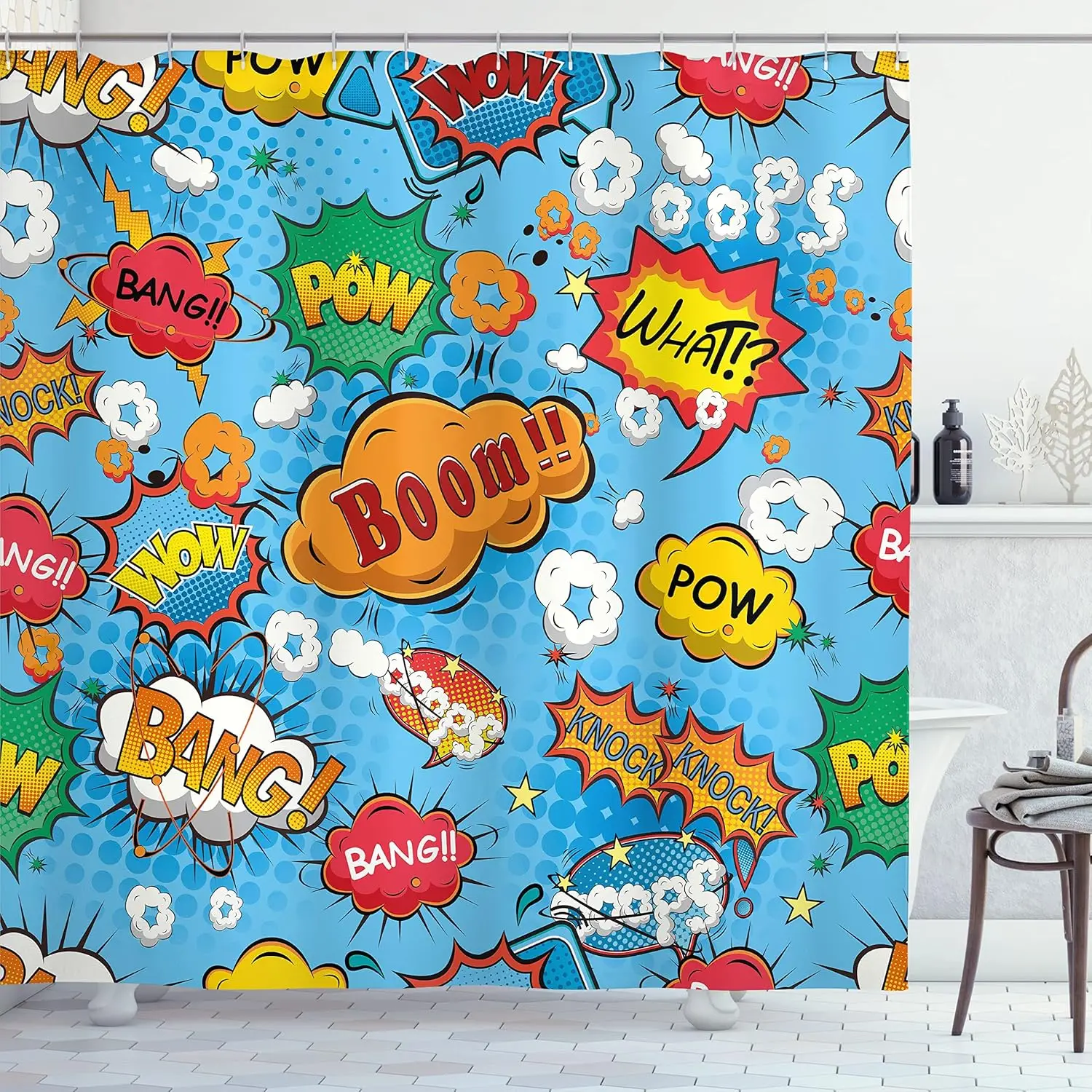 Colorful Comic Style Effects Boom Scream Magazine Signs Pop Art Illustarion, Cloth Fabric Bathroom Decor Set with Hooks