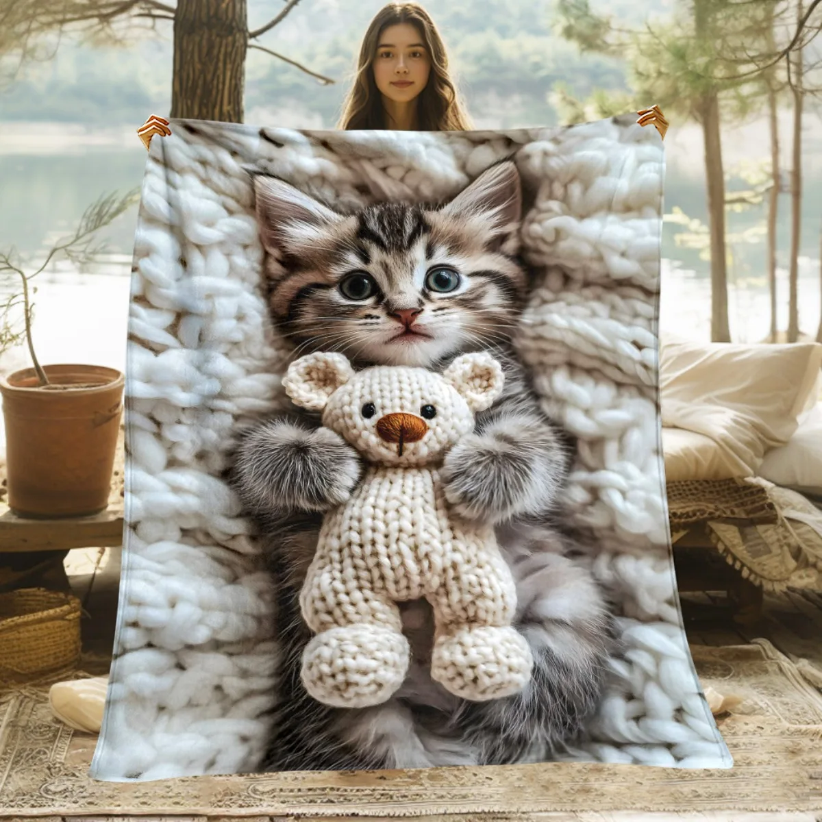 Cute Kitten Holding Knitted Teddy Bear On White Knit Background Fleece Blanket Adorable Pet Theme Soft Flannel Throw For Kids