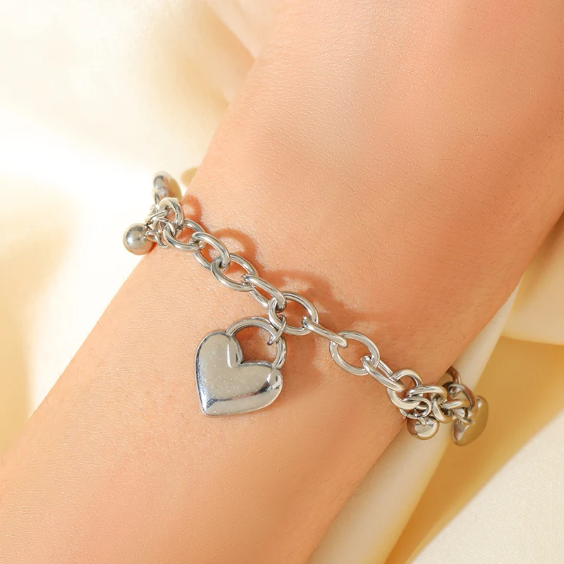 EILIECK 316L Edelstahl Metall-Herzperlen Anhänger Halskette Armband Set für Damen Modisches Statement Wasserdichtes Schmuckgeschenk – Detail 9