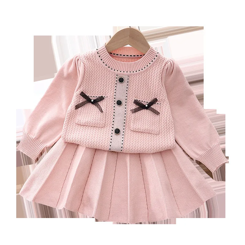 Childrens Sets Girl Korean Knitting Girl Code Round Neck Sweater Pleated Skirt Two Pieces Simple 2024 Round Collar Striped