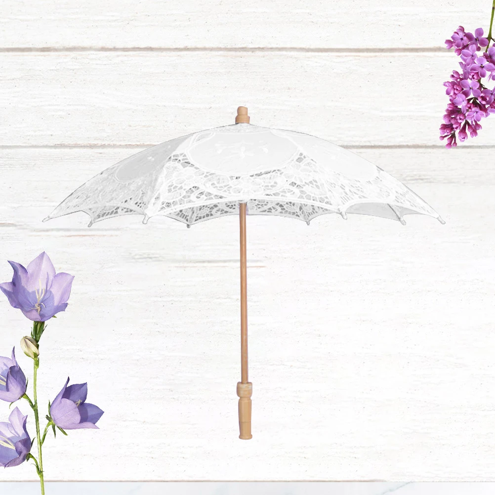 

White Lace Wedding Umbrella 43Cm Wooden Handle Bridal Parasol For Photo Props Bridal Shower Decorative Accessories 45Cm Diameter