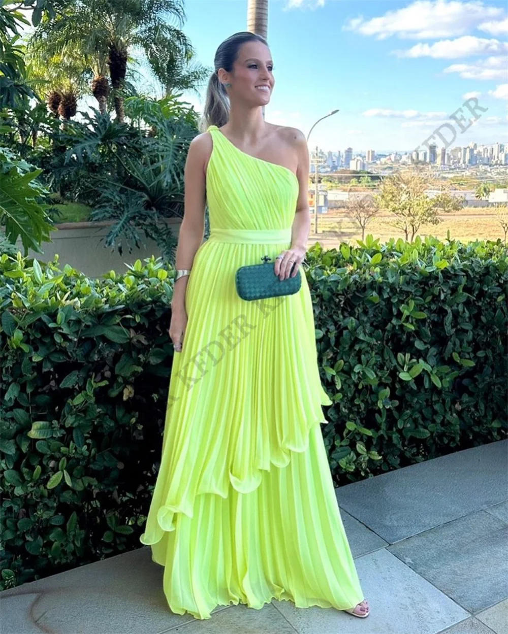 Bild 5: Grünes One-Shoulder-Abschlussballkleid, Partykleid, Chiffon, gestuft, A-Linie, Abendkleid für Damen, Promi-Galakleid, Vestidos, individuell gestaltet