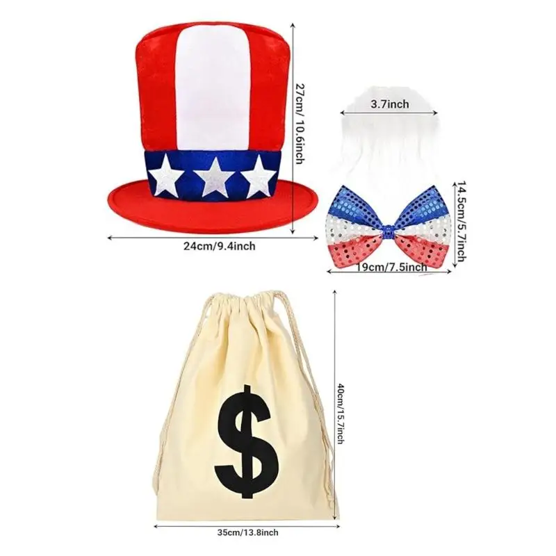 39BD erwachsene Männer Onkel patriotisch Kostümzubehör mit Hutbärchen Bowtie Perücke und Geldbag Independence Day Party Outfits