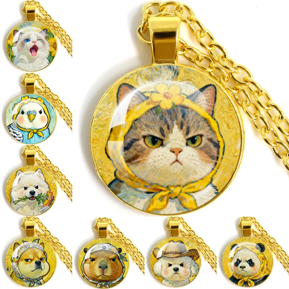 Van Gogh Starry Night Sunflower Glass Pendant Necklace Creative Animal Design Cat Dog Hamster Rabbit Duck Oil Painting Necklace