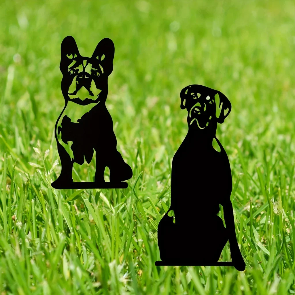 Statua del cane della decorazione del giardino del metallo 1pc, palo decorativo del giardino del cane nero della Silhouette, decorazione all\'aperto