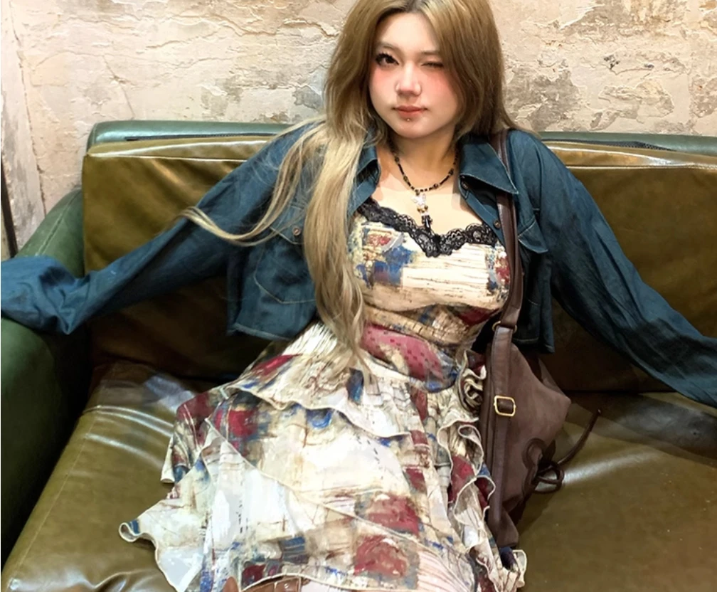 Girl Annie's Unpopular Lace Splicing Irregular Strap Skirt for Women 2025 Summer New Collection, Small and Medium Sized Dress