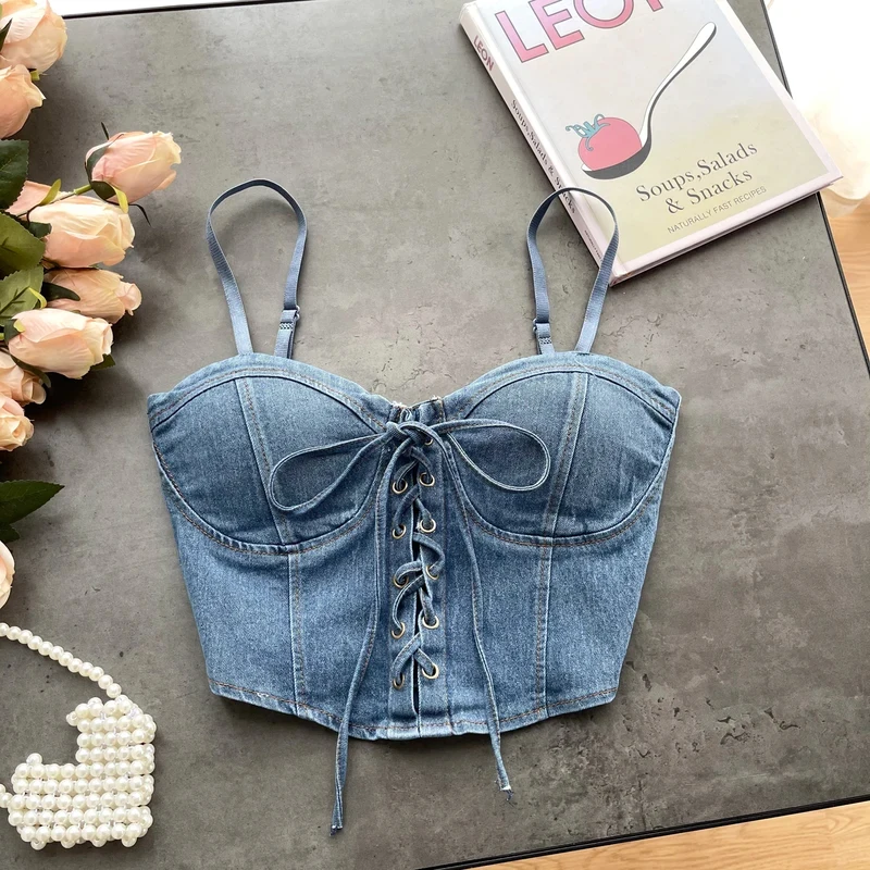 

Women vintage Chic Bandage cowboy Tank Top Slim camis Sexy Korean Fashion Sleeveless summer Women sweet Crop Top