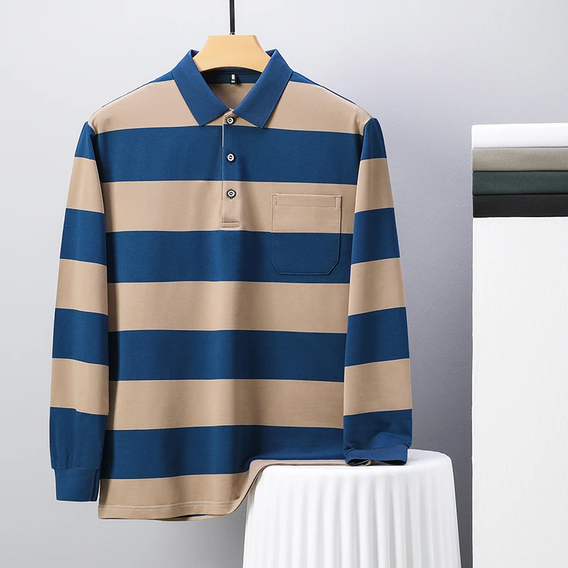 

Original Quality Men's Polo Shirt Lapel Long Sleeve T-Shirt Autumn New Contrast Color Striped Pocket Fashion Business Menswear
