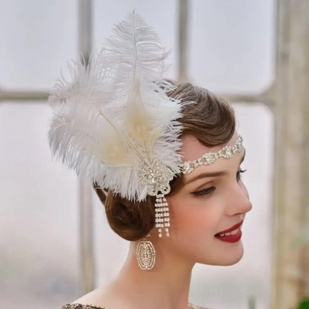 Vintage Feather Headband Sequin Crystal Cosplay Dress Headwear Makeup Party Tassel 1920s Hair Accessories Bridal Headdress view 3