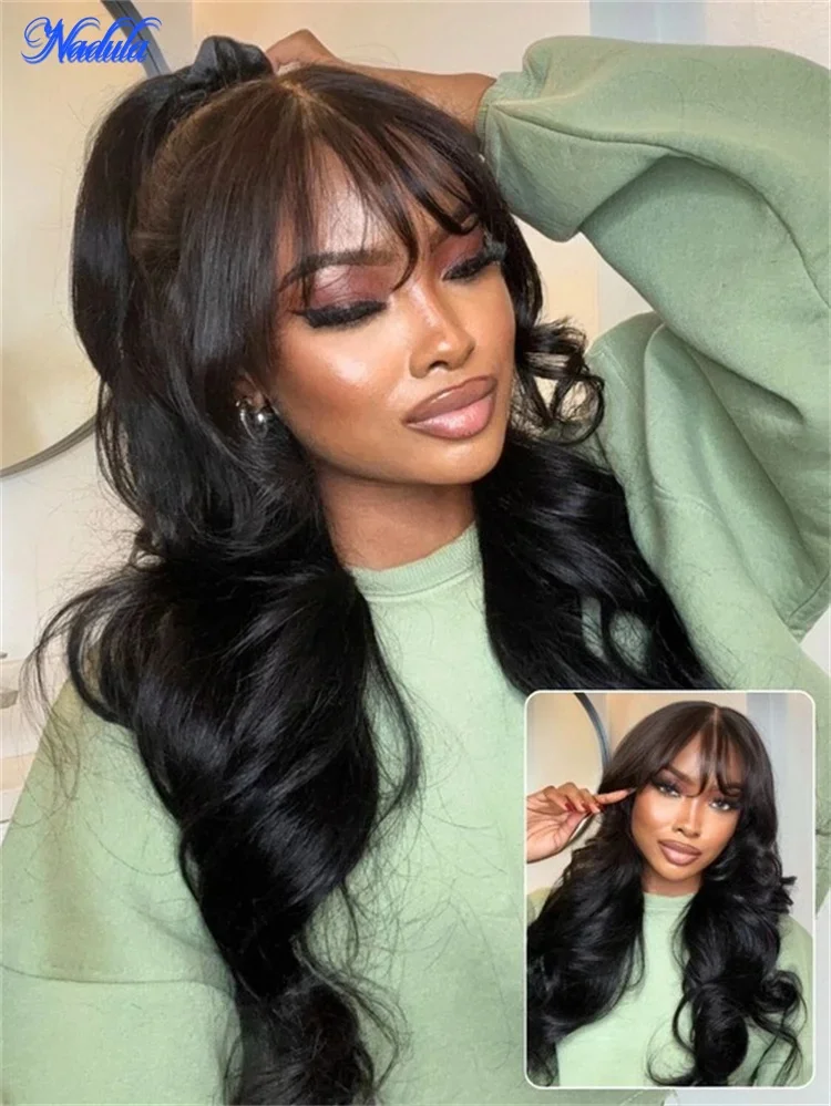 Nadula 3D Body Wave Lace Frontal Human Hair Wig with Wispy Bangs 13x4 Pre Cut HD Transparent Lace Pre Bleached Knots Pre Plucked Drawstring Glueless Wig Ready to Wear Density 180% 16inch-26inch