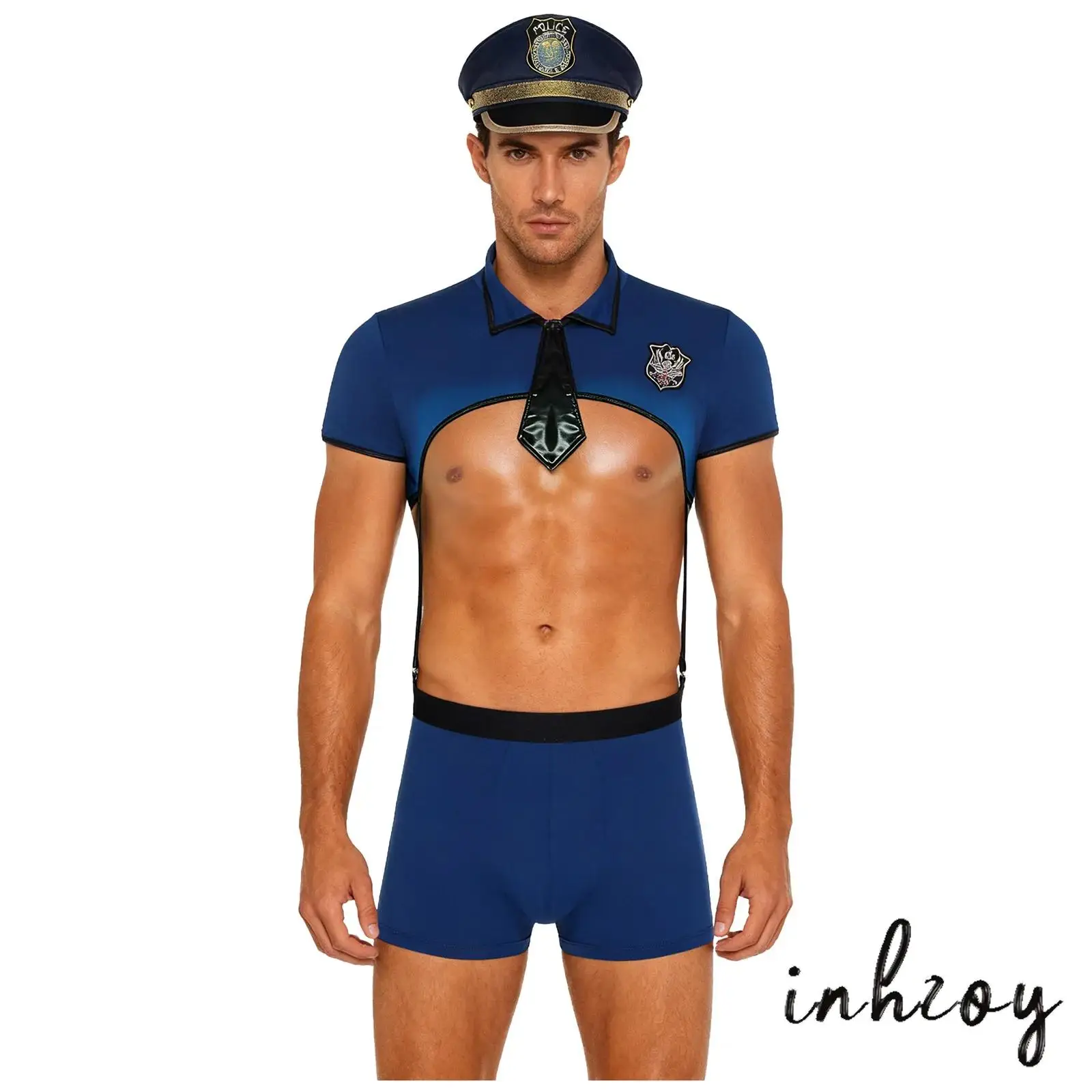 

Mens Policeman Dirty Cop Lingerie Outfit Short Sleeve Showing Chest Muscle Crop Top Boxer Underwear +Hat+Necktie Nightclub Set