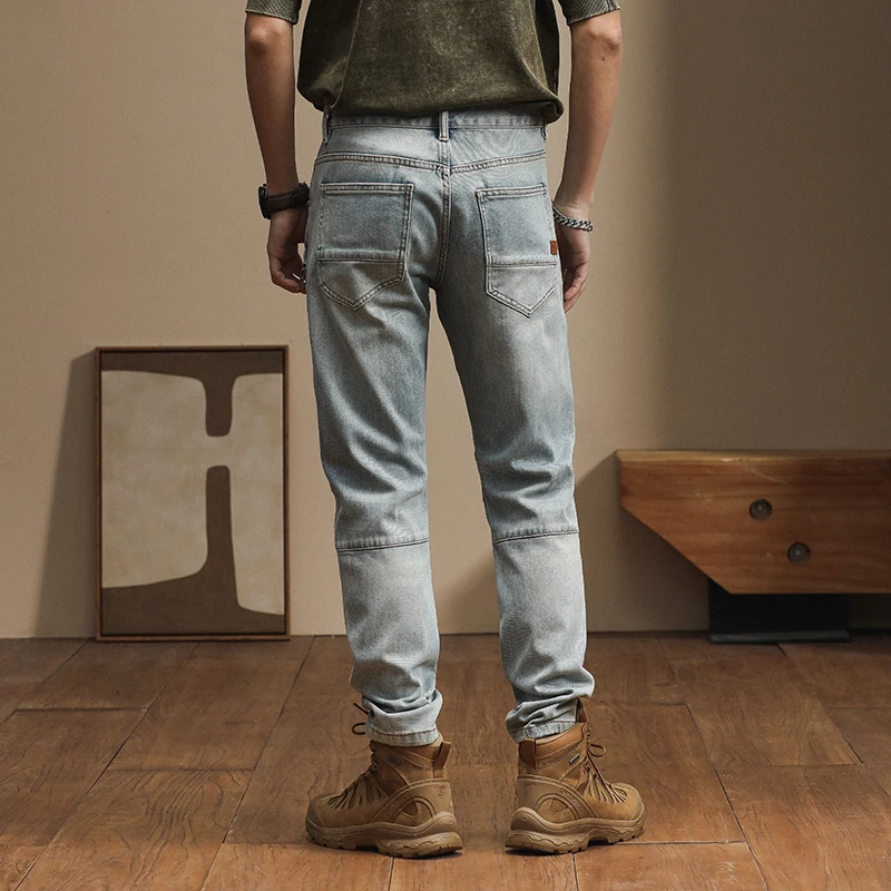 American high-end trend personality zipper splicing biker small leg pants Slim stretch retro men's jeans pants homme