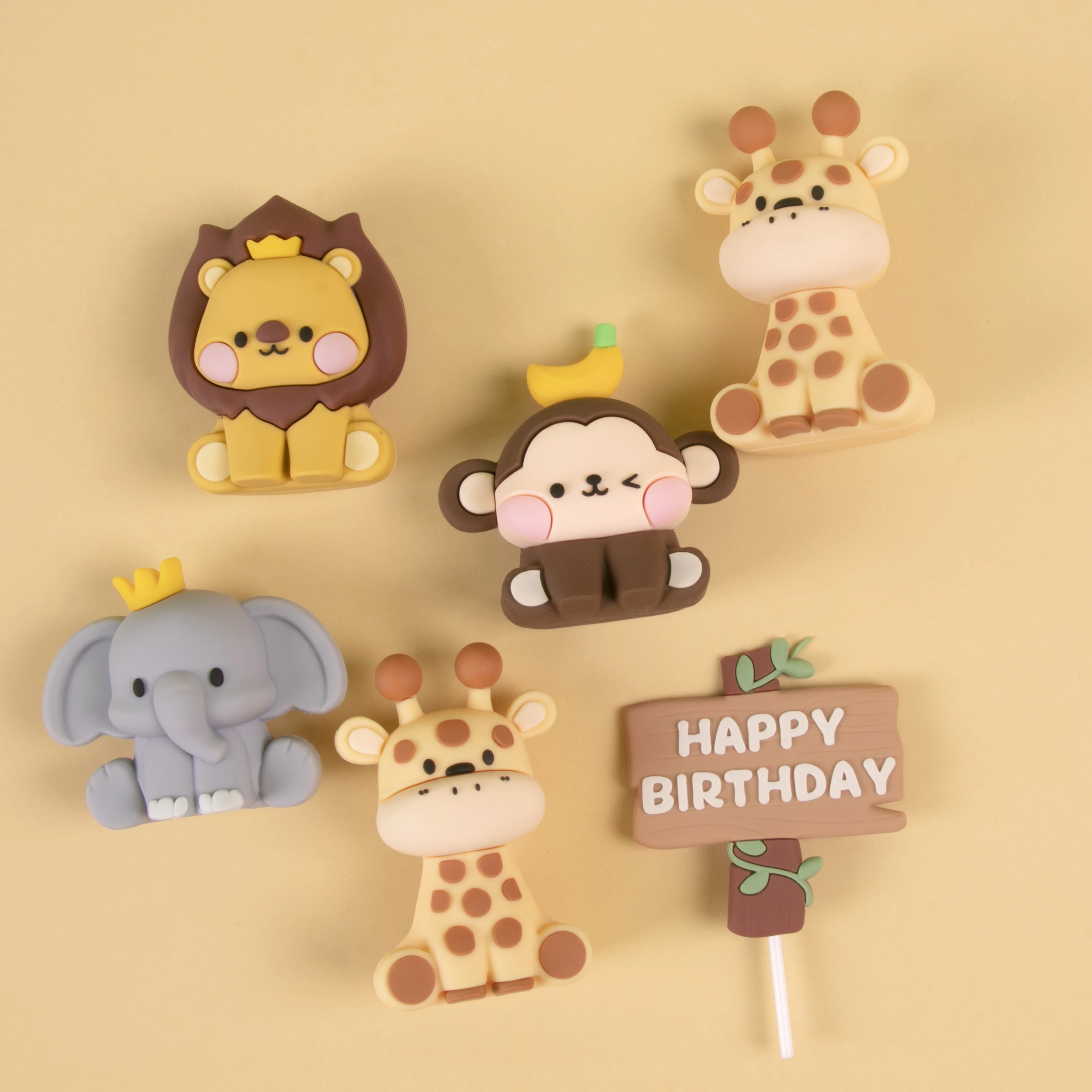 New Forest Animal Giraffe Lion Elephant Cartoon Cake Topper Kids 1st Birthday Party Cupcake Decorations Jungle Themed Cute Gifts