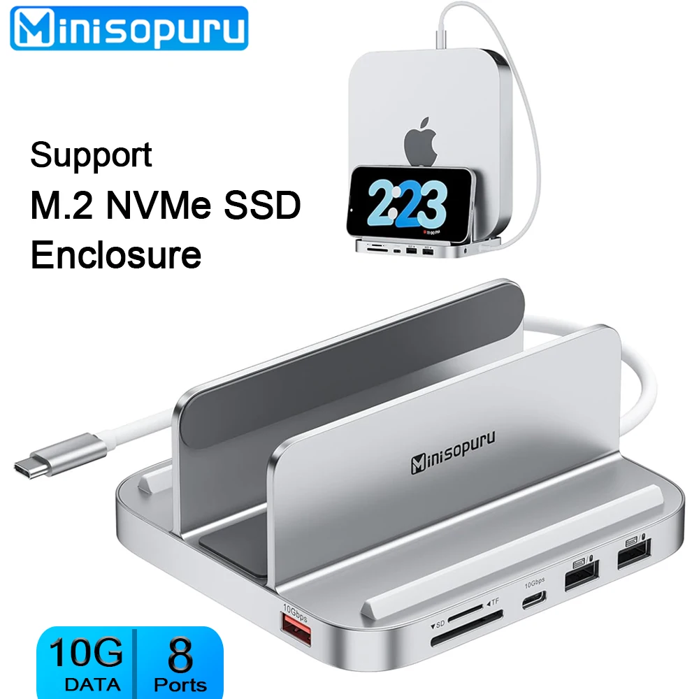 minisopuru suporte para mac mini dock com gabinete ssd m2 nvme suporte a hub em 10gbps usb c tf portas sd mac mini acessorios 01