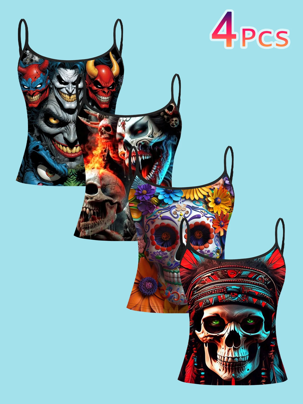 4-Piece Set of Dark Clown Demon Flame Skull Floral Sugar Skull Print Camisole Tops for Women, Halloween Personalized Spaghetti Strap Slim-Fit Inner Wear Tops