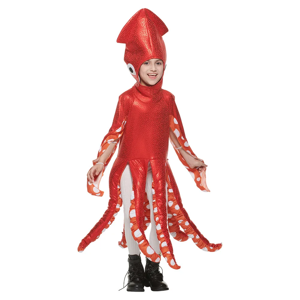 

Girls Squid Costume Red Unisex Cute Octopus Kids Sea Animal Halloween Party Fancy Dress Up Purim Cosplay