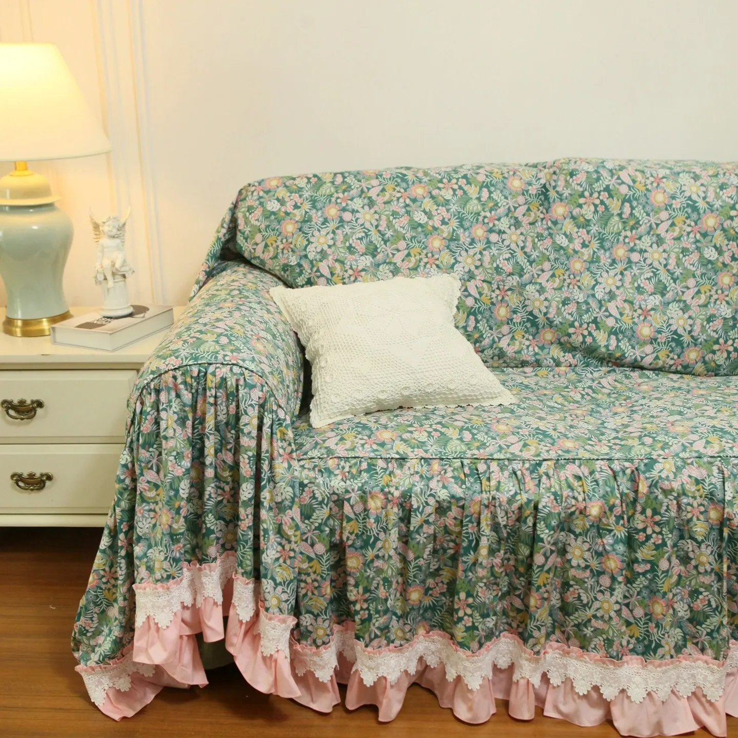 French Korean Pastoral Princess Wind Lace Pure Cotton Lotus Leaf Edge Sofa Towel Sofa Cover Manor Rose Floral 4M Large Size