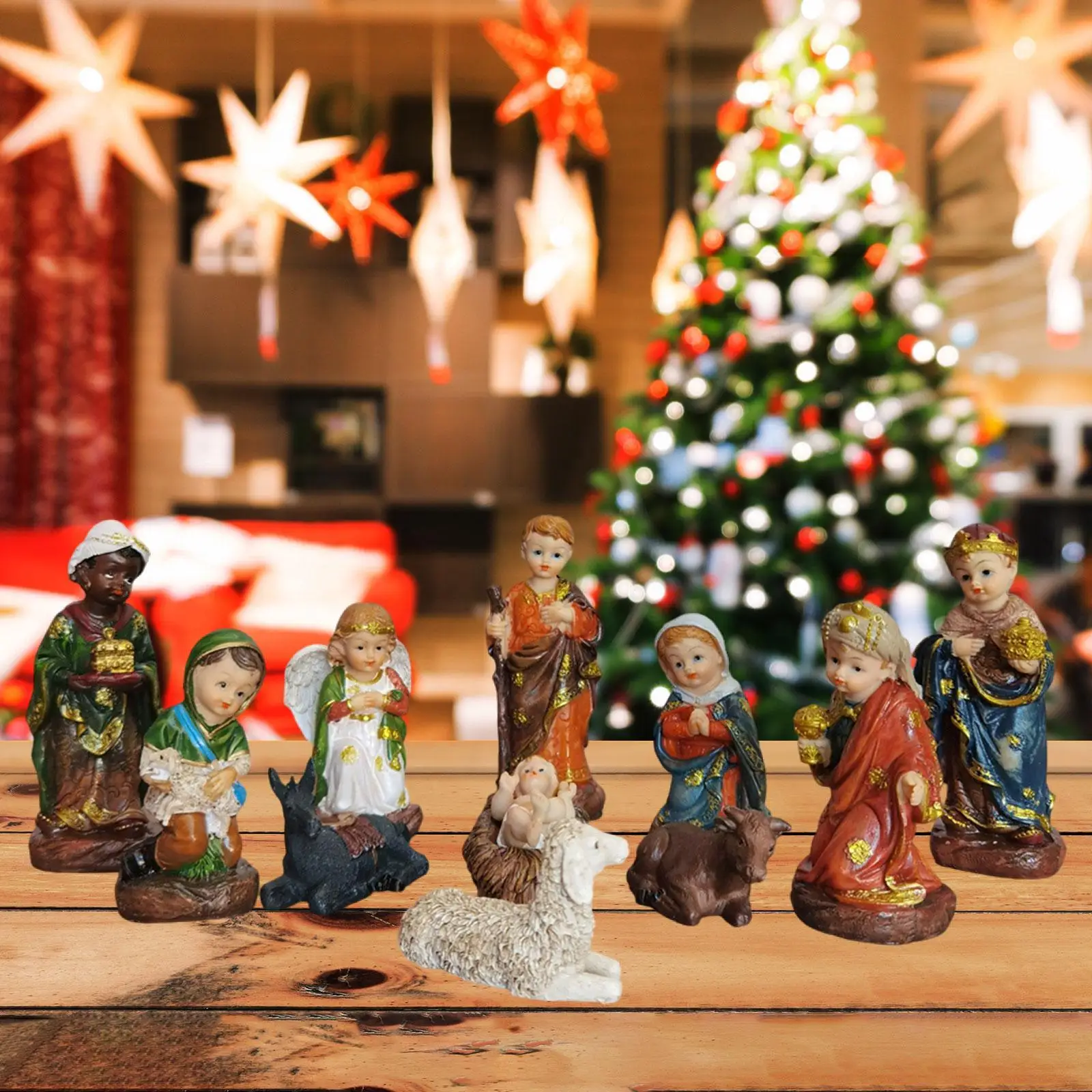 11x Christmas Nativity Scene Figurine Set Xmas Sculpture Crafts Traditional Nativity Figurines for Party Holiday Home Xmas Gift