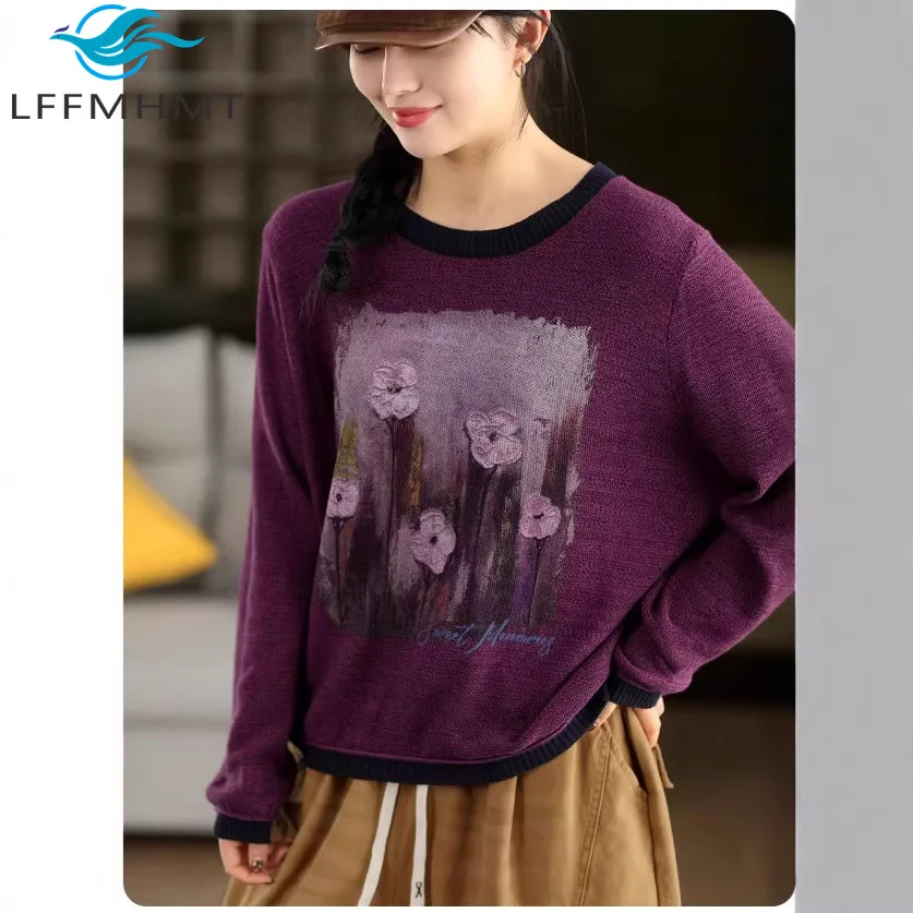 Damen Retro Gefärbter Bedruckter Strickpullover Frühling Herbst Mode Vintage Patchwork O-Ausschnitt Langarm Pullover Oberteil für Frauen