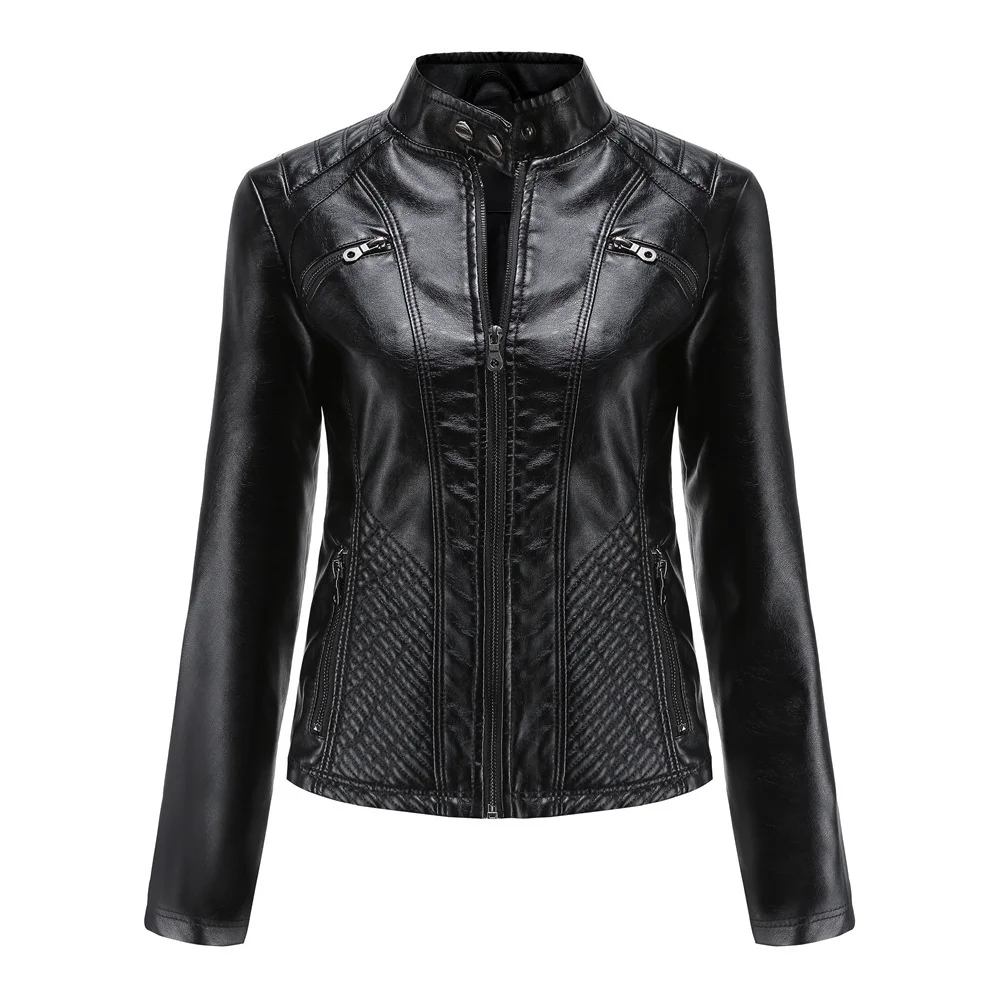 Nuevo en 2024 chaqueta de cuero Pu para primavera y otoño para mujer, ropa de calle informal a la moda, abrigo para oficina para mujer, chaquetas negras con cremallera, prendas de vestir exteriores