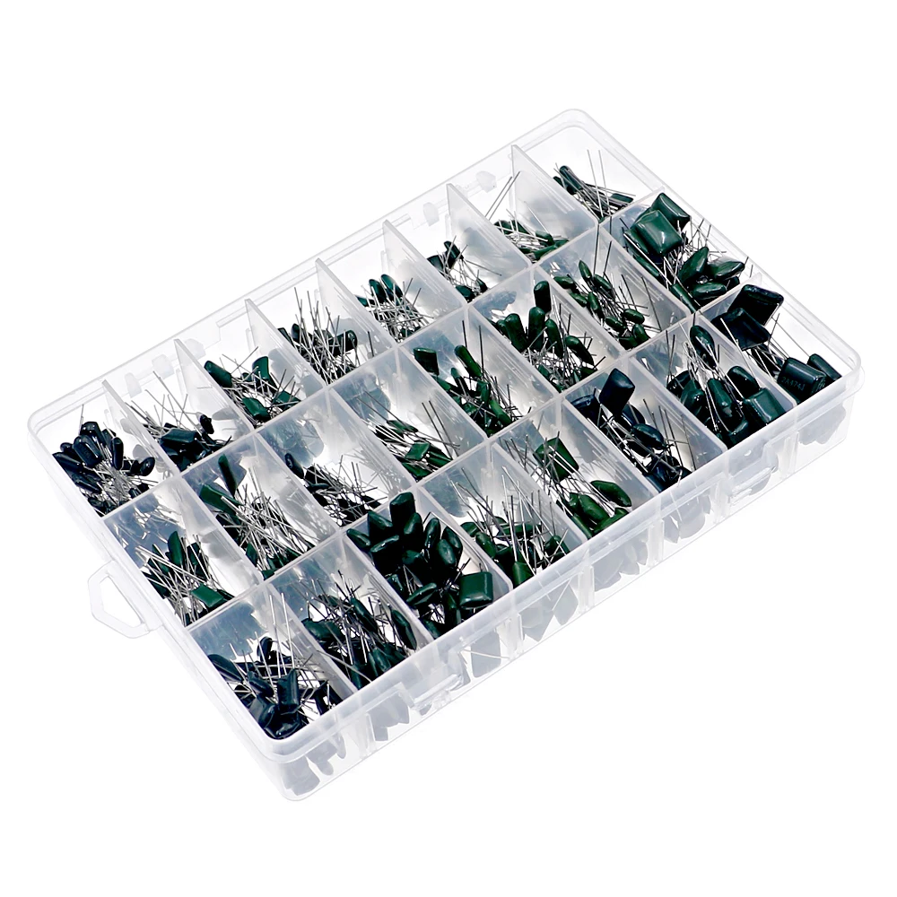 

660pcs 24Value Polyester Film Capacitor Assorted Kit 100V 2A221J to 2A474J 0.47nF 0.68nF 1nF 2.2nF Capacitors set Box