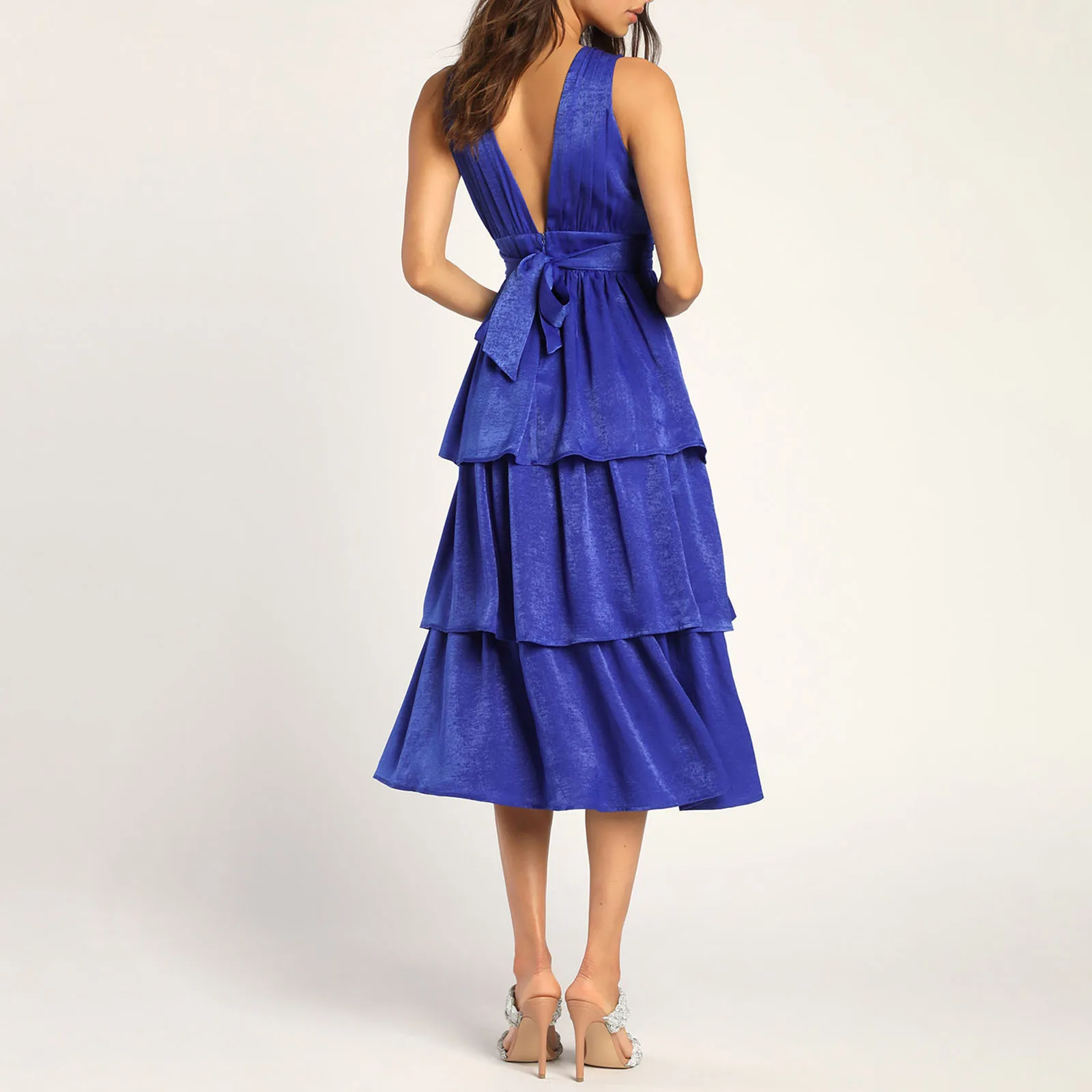 Elegante Vestido Midi Cetim Feminino, Monocromático, Sem Mangas, Decote V, Ruffle em Camadas, Festa Noturna, Coquetel Clube