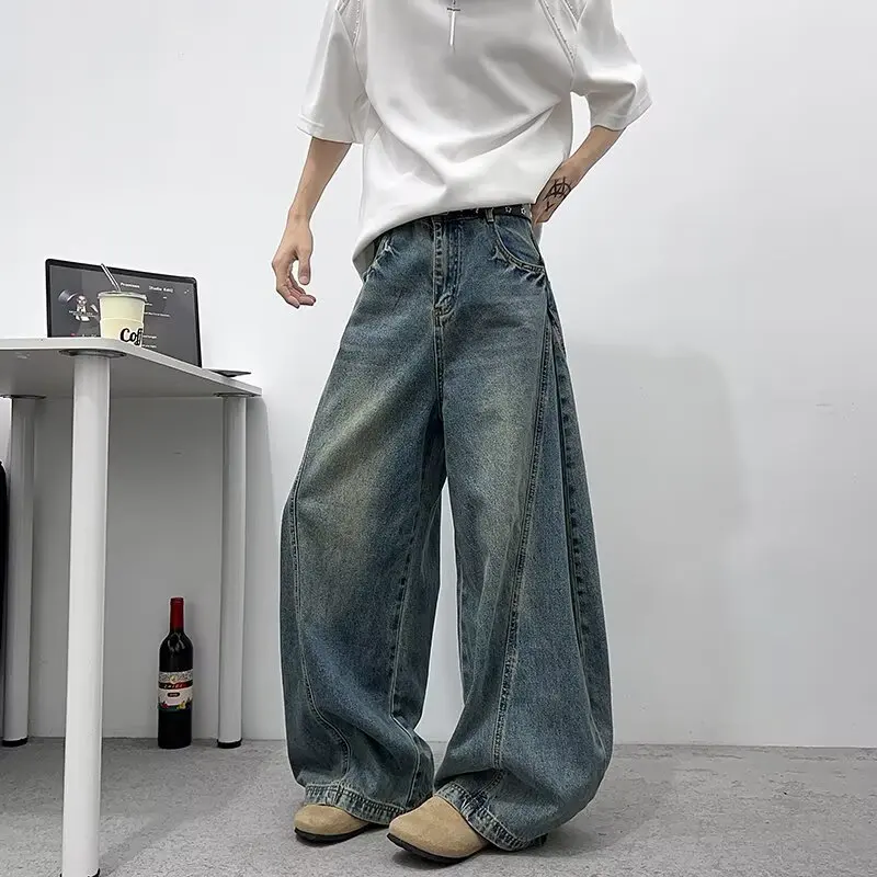 Plus Size Men Wide Leg Bending Knife Jeans  American Style Vintage Washed Baggy Denim Pants Trend Male Simplicity Trousers