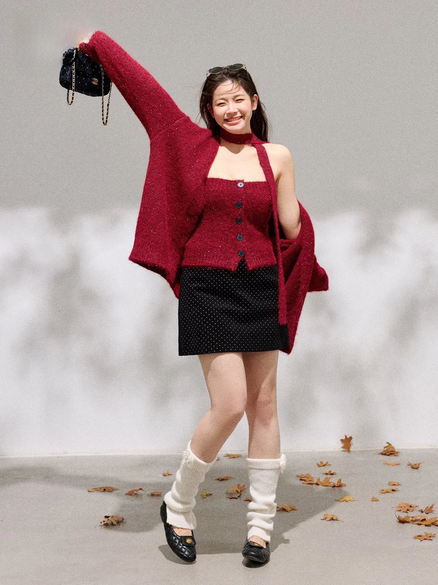 

Red Plaid Wrap Chest Fce Outerwear High Waist A-Line Skirt Set plus Size Women's Faion Korean Sle Winter Clothes