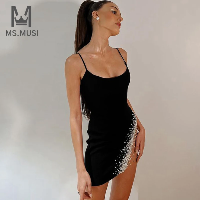 

MSMUSI 2023 New Fashion Women Sexy Strap Pearl Beading Lace Mesh Sleeveless Backless Bandage Party Club Bodycon Slit Mini Dress