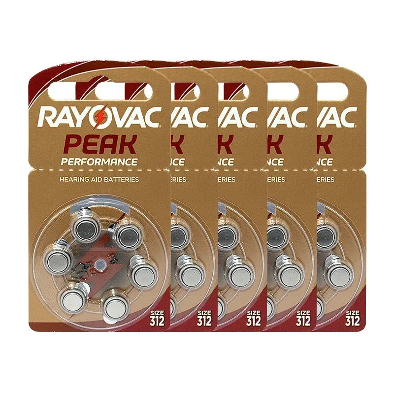 Rayovac PEAK 60PCS Zinc Air 1.45V Batería para audífonos Compatible con A312 312A 312 P312 ZA312 PR41 S312