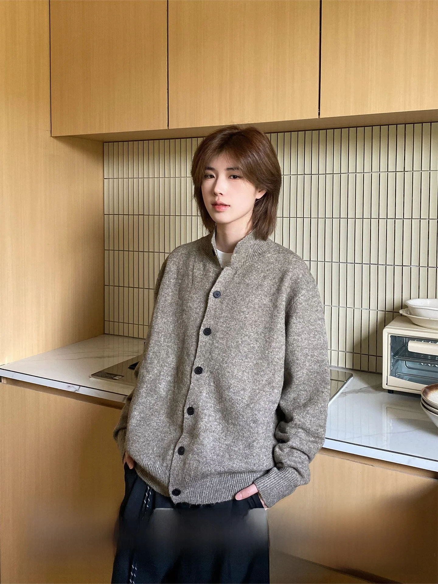 

Lazy Style Loose Fit Sweater Jacket Stand Collar Open Cardigan Men's Comfortable Breathable Autumn Wear Color Polyester...