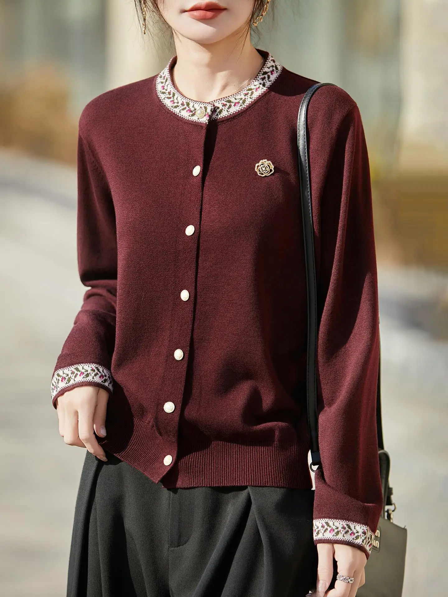 New Year Wine Red round Neck Knitted Open Cardigan Women's Long Sleeve Button Slimming High-End Warm Sweater Jacket Trendy