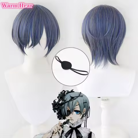 Anime Ciel Phantomhive Cosplay Wig Unisex 30cm Blue Grey Ciel Wig Heat Resistant Hair Kuroshitsuji Cosplay Wigs + Free Wig Cap
