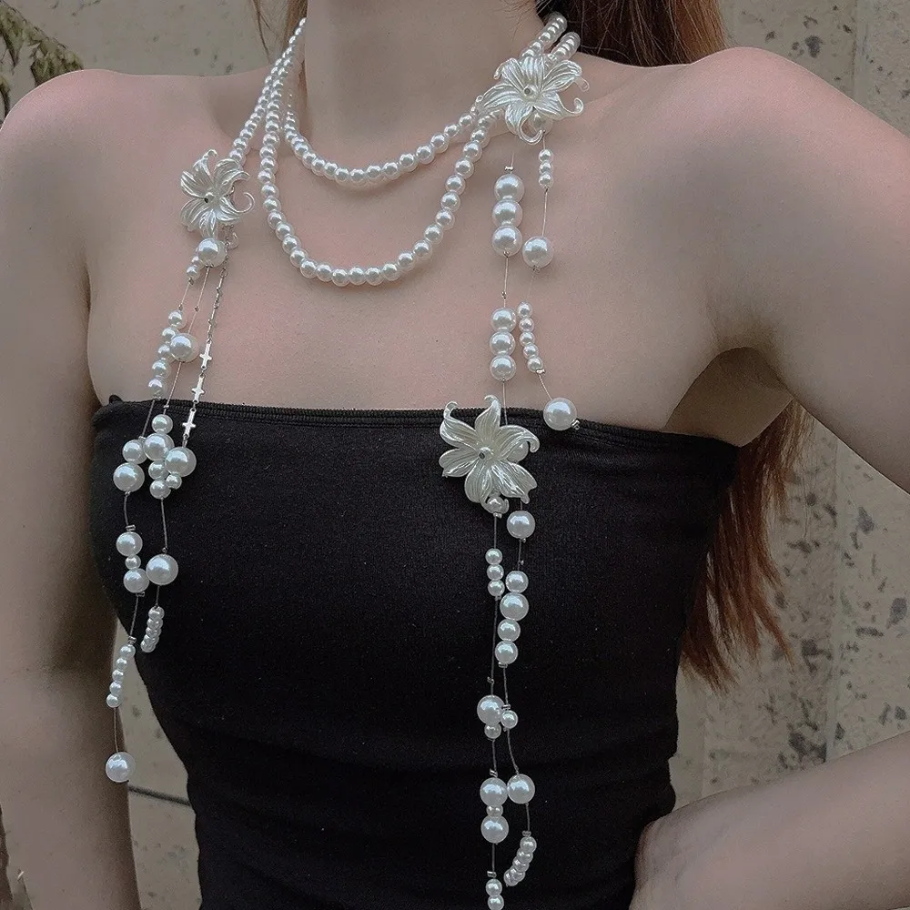 Multi Layer Lilium Flower Pearl Necklace Balletcore Style Faux Pearl Multilayer Choker Chain Aesthetic Design Long Tassel