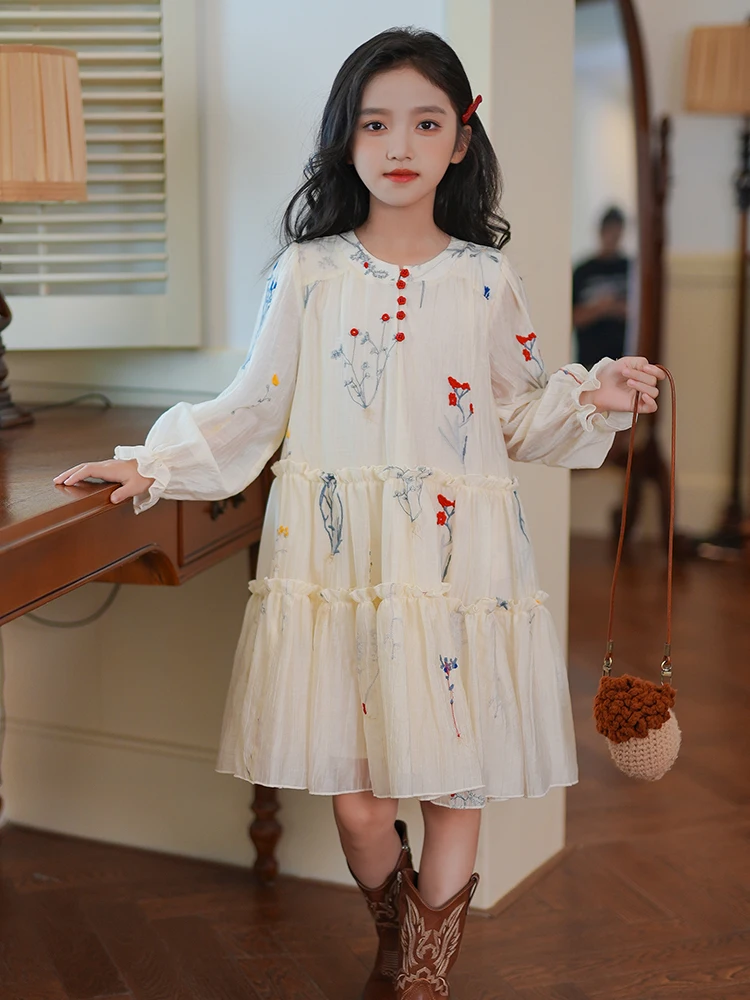 girls-bohemian-vintage-embroidered-dress-long-sleeve-outing-countryside-atmosphere-feel-middle-length-skirt-high-waist-dress