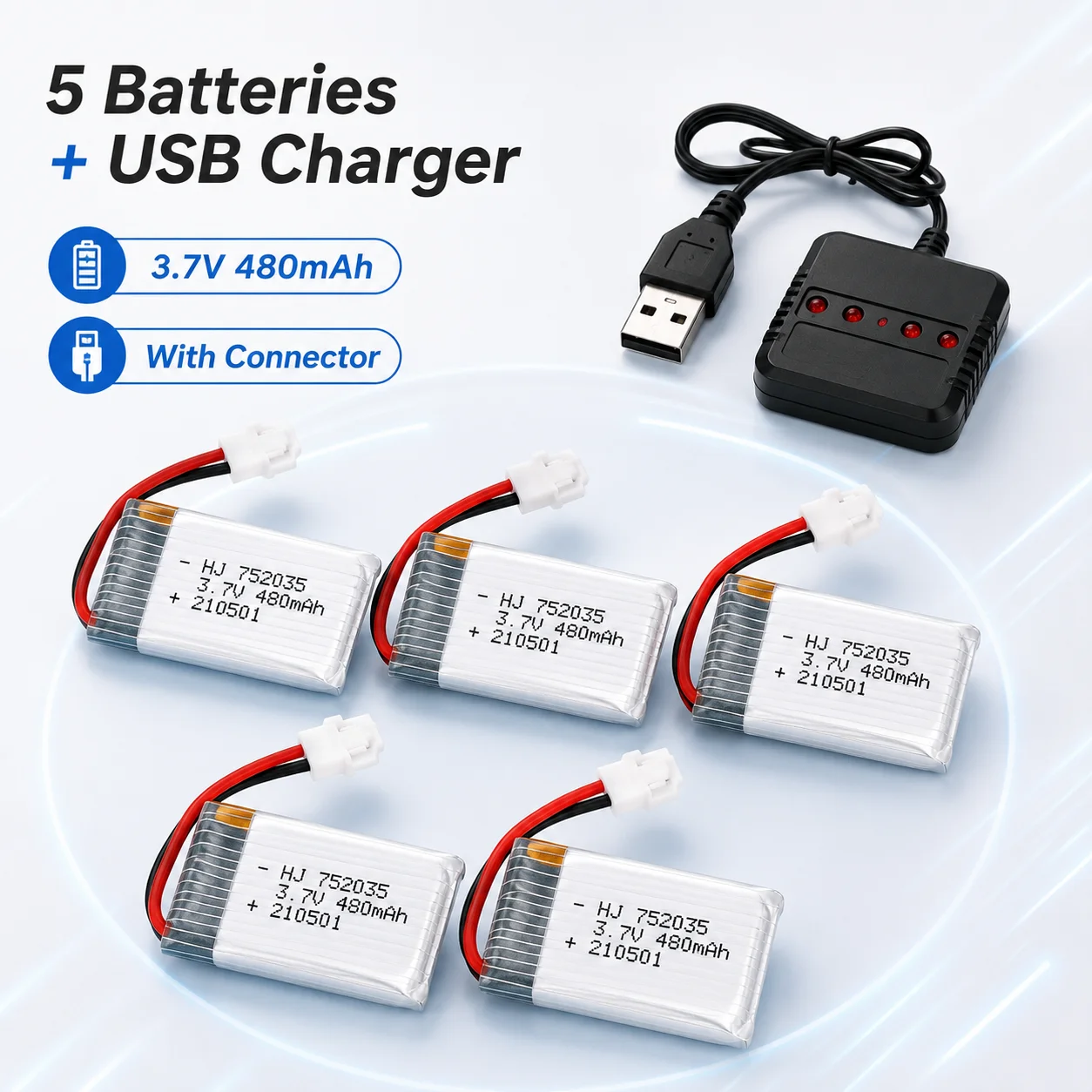 752035 LiPo Battery 3.7V 480mAh Standard Drain Rechargeable Pack with USB Charger for H31 H107 RC Drone Helicopter Part