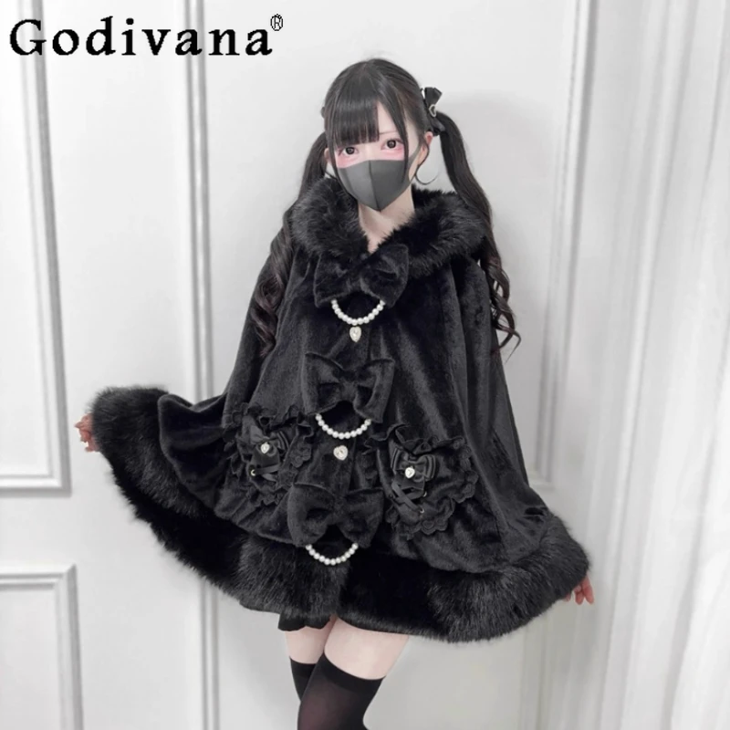 

Lolita Black Hooded Cloak Winter New 2025 Mine Mass-Produced Japan Style Sweet Loose Poncho Girl's Princess Plush Warm Jacket