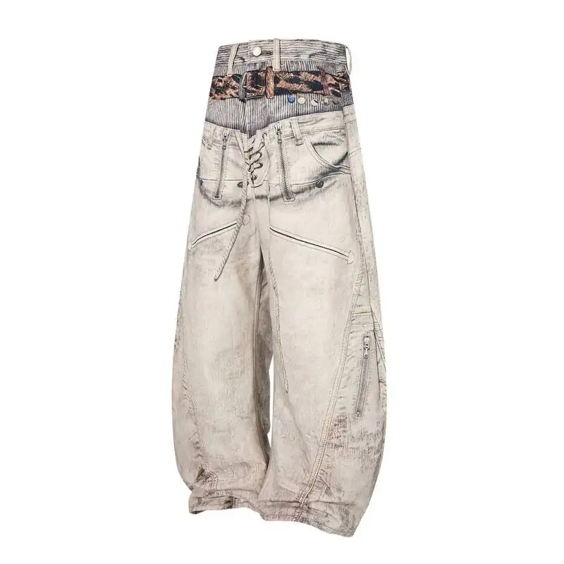 Retro Washed Leopard Patch Men's Denim Jeans Curved Silhouette 3D Graphic Print Frayed Edges Baggy Trousers VB6G