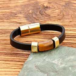 New High Quality Rectangular Tiger Eye Bracelet Men Stainless Steel Accessories Bracelet Women Leather Rope Jewelry Accessories