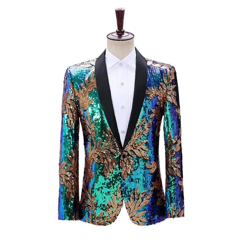 

2025 Green Fruit Collar Purple Leaf Color Changing Sequin for Men,Blue Green Fashion Performance Casual Color-Block Mens Jacket