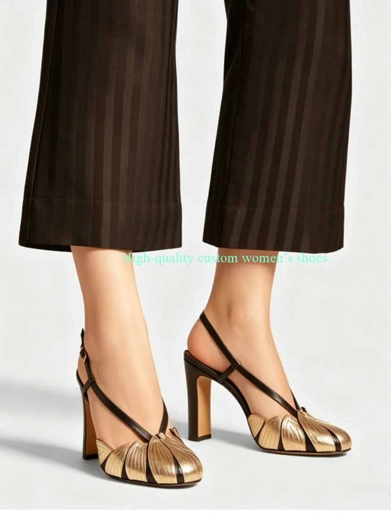 

gold Leaf Shape Decorate Shallow Ankle Buckle Round-Toe Sandals Bestselling Model Handmade Luxury Women's Shoes Runway Shoes