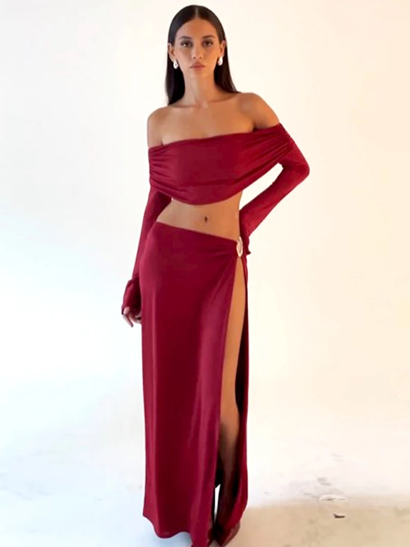 DGLUKE Sexy 2 Piece Skirt Set Women Off Shoulder Long Sleeve Crop Top And Maxi Skirt Night Club Festival Outfits Suits