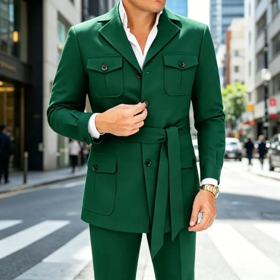 

Safari Men Suits with Belt 2 Pieces Wedding Tuxedo Custom Made Jacket with Pants For Groom Slim Fit Formal Ceremony Outfit Set