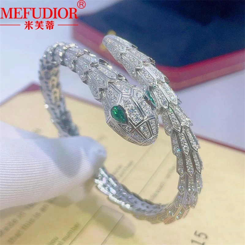 

925 Sterling Silver Snake Women Bracelet Full Moissanite Diamonds Green Eye Scaly Serpent Bangle Couple Fashion Jewellry Gifts