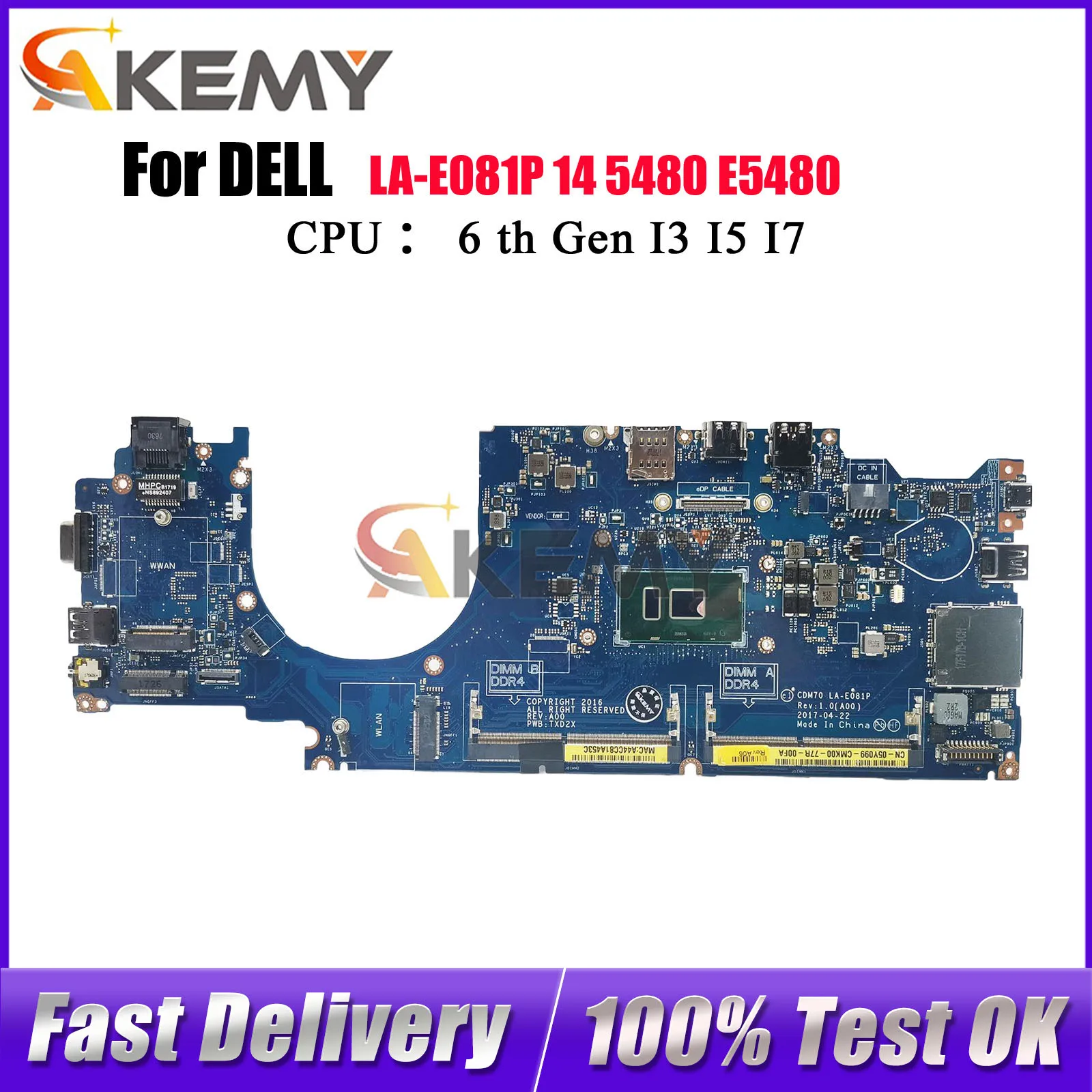 

Материнская плата для ноутбука Dell Latitude 5480 E5480 LA-E081P с процессором i3 i5 i7 04X333 0MFNP8 0W86DC 0HXXM1, 100% полностью протестировано